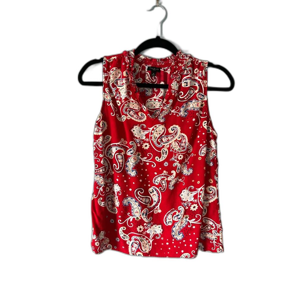 Talbots women's sleeveless red v neck paisley top size petite small